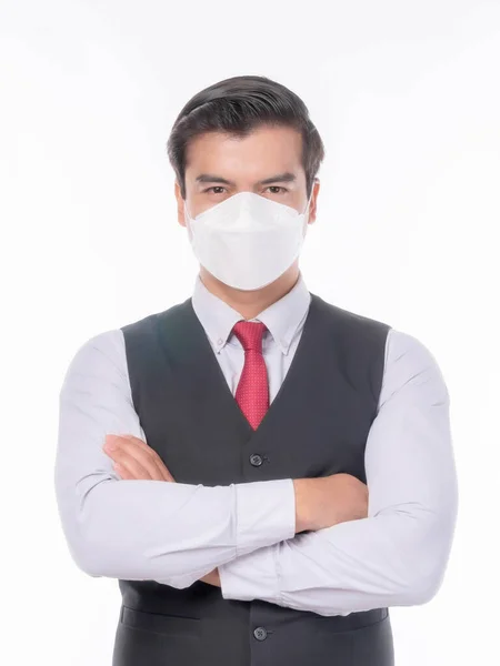 Stop Covid Asian Man Suit Standing Arms Crossed Wearing Face — Stock Photo, Image