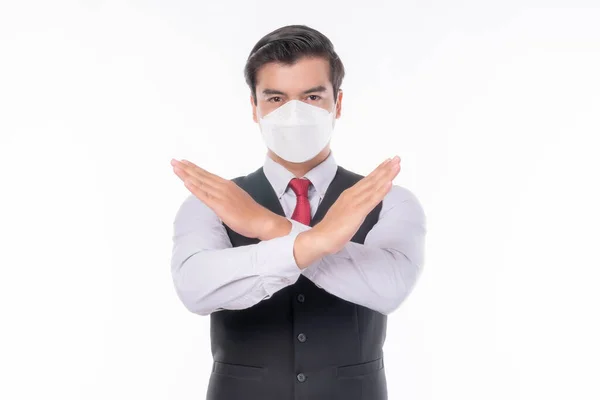 Stop Civid Asian Man Wearing Face Mask Show Stop Hands — Stock Photo, Image