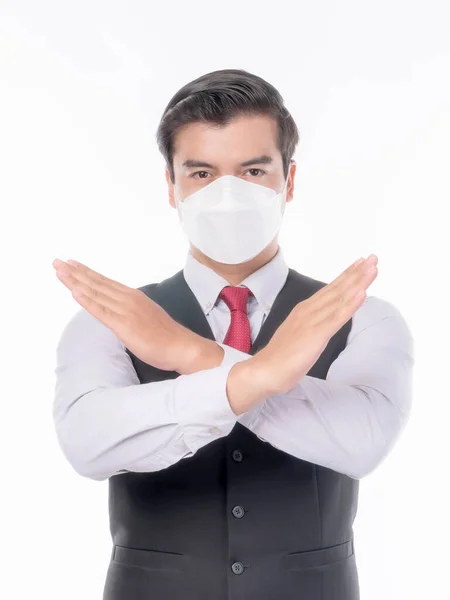 Stop Civid Asian Man Wearing Face Mask Show Stop Hands — Stock Photo, Image