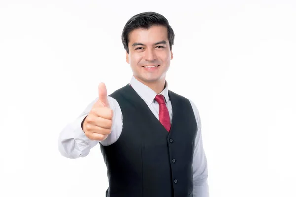 Retrato Trabalhando Asiático Negócio Bonito Homem Ware Terno Dando Polegar — Fotografia de Stock