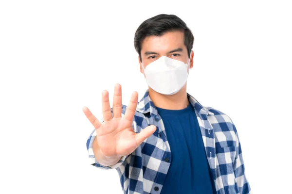 Stop Civid Man Wearing Face Mask Show Stop Hands Gesture — Stock Photo, Image