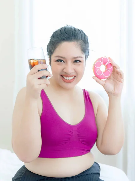 Portrait Asian Plump Woman Joy Eating Junk Food Sweet Treat — 스톡 사진