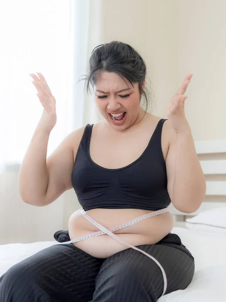 Asian Fat Women Fat Girl Chubby Overweight Unhappy Measuring Her — 스톡 사진