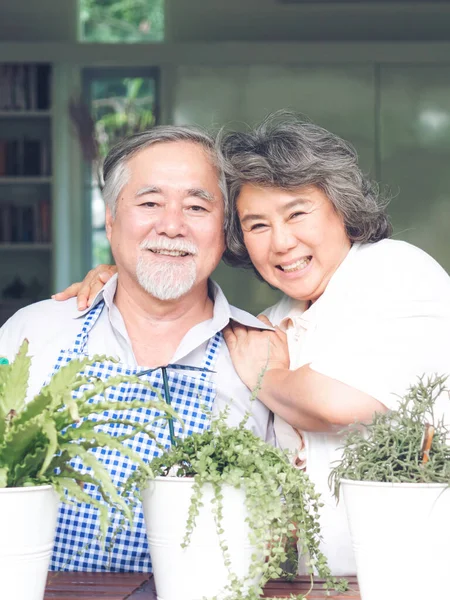 Asian Senior Couple Smile Watering Plants Take Care Trees Happy — Stockfoto