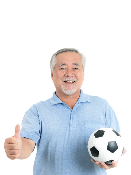 Estilo Vida Hombre Mayor Siente Feliz Sosteniendo Pelota Fútbol Preparan —  Fotos de Stock