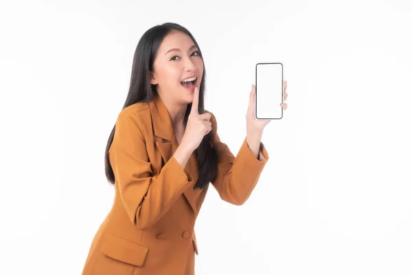 Beautiful Asian Young Woman Excited Surprised Girl Showing Smart Phone — Stock Photo, Image