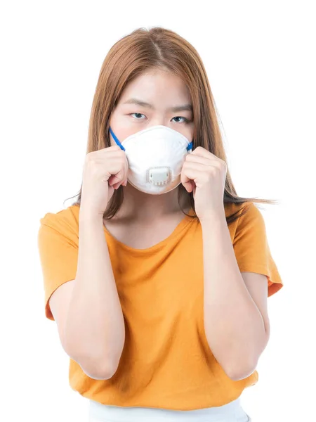 隔離中の保護のための保護顔マスクを身に着けているアジアの女の子コロナウイルスの流行19白の背景に 保護拡散Covid — ストック写真