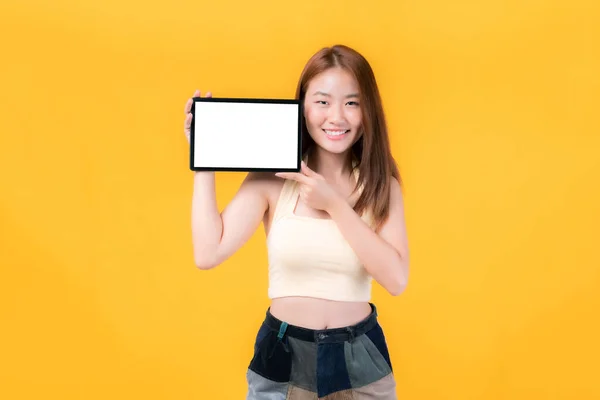 Beautiful Asian Young Woman Showing Smart Phone Tablet Phone Computer — Stock Photo, Image