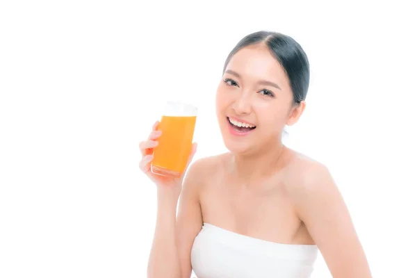 Mooie Schoonheid Aziatische Vrouw Schattig Meisje Voel Gelukkig Drinken Sinaasappelsap — Stockfoto