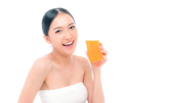 Beautiful Beauty Asian Woman Cute Girl Feel Happy Drinking Orange — ストック写真