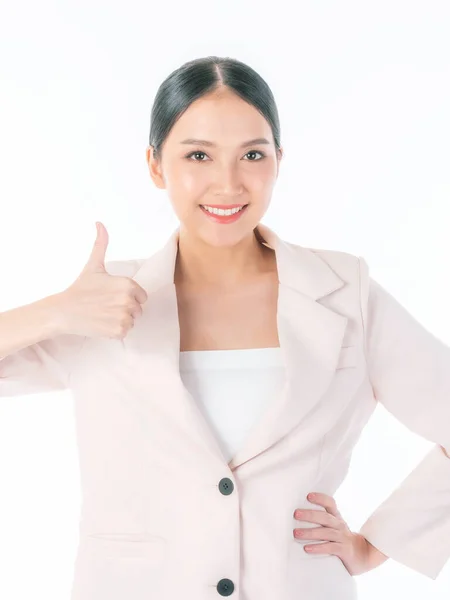 Retrato Hermoso Trabajo Mujer Asiática Chica Negocios Muestra Signo Dando — Foto de Stock