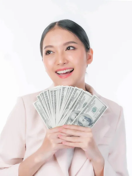 Successful Beautiful Asian Business Young Woman Holding Money Dollar Bills — Foto de Stock