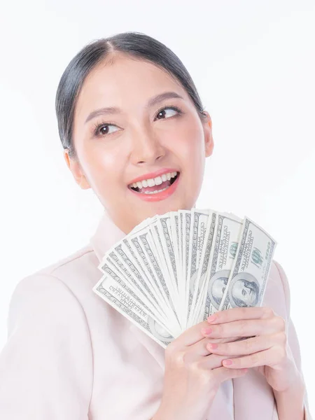 Exitosa Hermosa Mujer Joven Asiática Negocios Con Billetes Dólar Mano — Foto de Stock