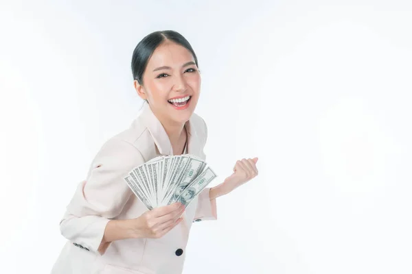 Exitosa Hermosa Mujer Joven Asiática Negocios Llenar Feliz Celebración Billetes — Foto de Stock