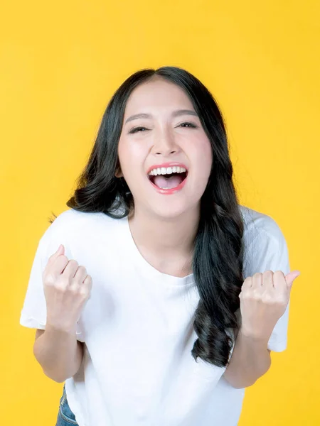 Retrato Bela Mulher Asiática Feliz Animado Com Felicidade Comemorando Sucesso — Fotografia de Stock