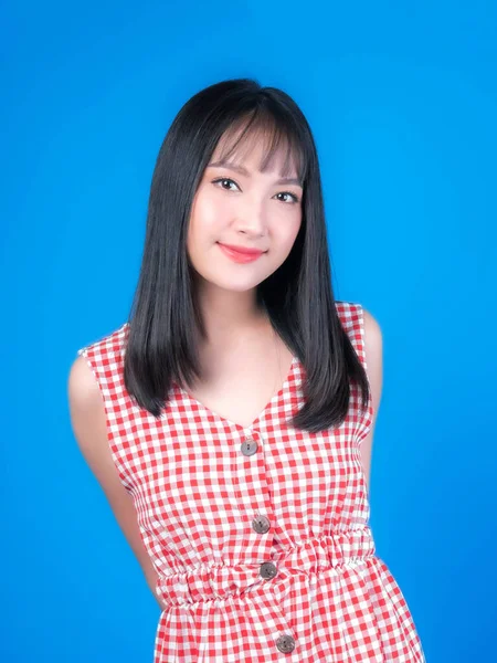 Portrait Beautiful Asian Woman Cute Girl Red Dress Bangs Hair — Φωτογραφία Αρχείου