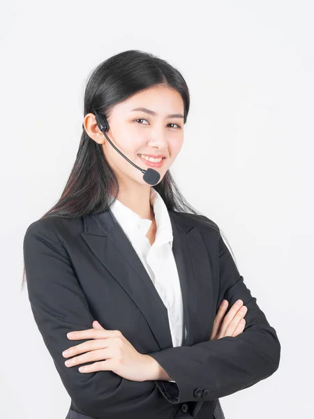 Business Customer Support Operator Woman Standing Arms Crossed Speak Headphone — Photo