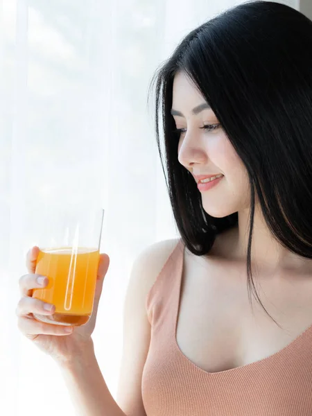 Schöne Schönheit Frau Asiatische Süße Mädchen Fühlen Sich Glücklich Orangensaft — Stockfoto