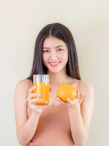 Schöne Schönheit Frau Asiatische Süße Mädchen Fühlen Sich Glücklich Orangensaft — Stockfoto