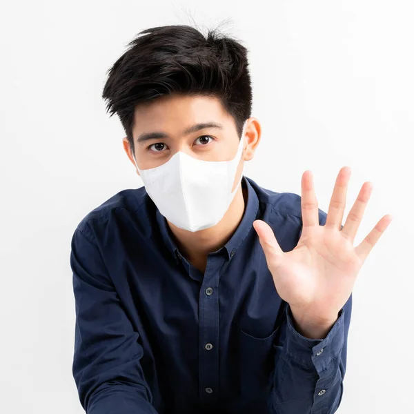 Stop Civid Hombre Asiático Con Máscara Facial Mostrar Gesto Manos — Foto de Stock