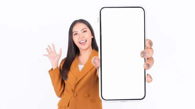 advertisement, advertising, application, asian, asian woman, attractive, background, beautiful, beautiful girl, beauty, big phone, big smartphone, blank screen, business, caucasian, cheerful, communication, cute, display mock up, empty screen, excite