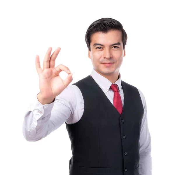 Retrato Trabalho Asiático Homem Bonito Negócios Camisa Gravata Mostrando Gesto — Fotografia de Stock