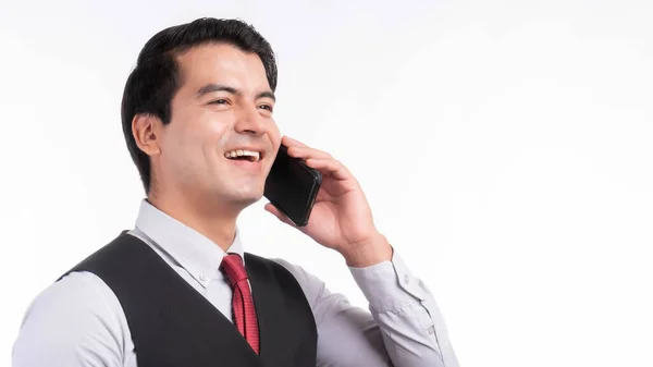 Lifestyle Asiatische Mann Glücklich Reden Auf Smartphone Isoliert Auf Weißem — Stockfoto
