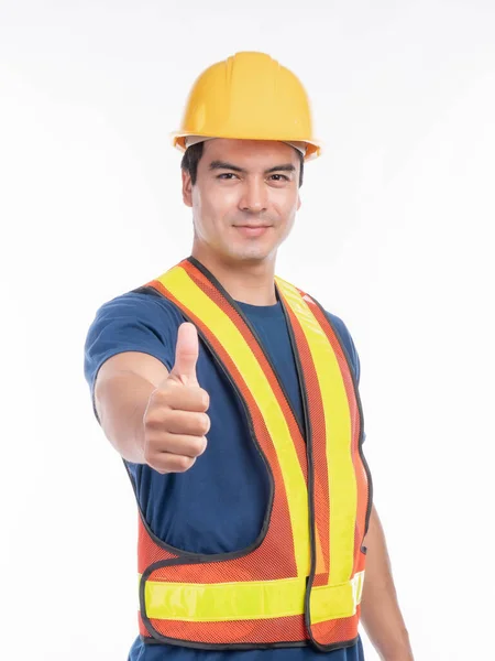 Portrait Young Architect Man Engineering Wearing Yellow Helmet Giving Thumb — Stock Photo, Image