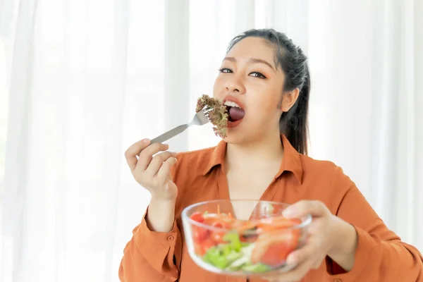 Overgewicht Aziatische Mollige Vrouw Dikke Vrouwen Vet Meisje Mollig Eten — Stockfoto