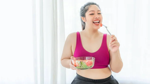 Overweight Asian Plump Female Fat Women Fat Girl Chubby Eating — Stock Photo, Image