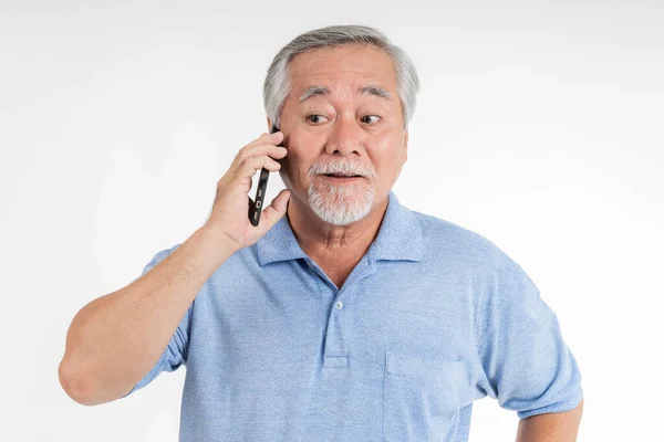 Senior Male Old Man Using Smartphone Smile Feel Happy White — Stockfoto