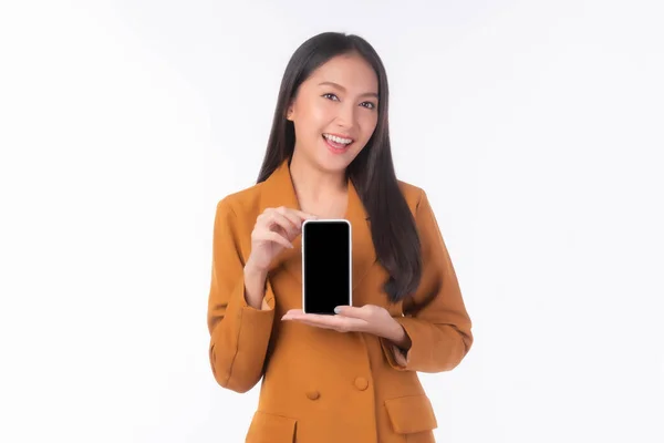 Beautiful Asian Young Woman Excited Surprised Girl Showing Smart Phone — Foto Stock