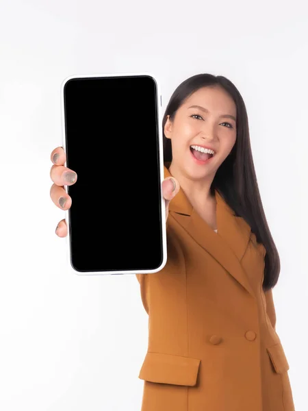 Beautiful Asian Young Woman Excited Surprised Girl Showing Smart Phone — Photo