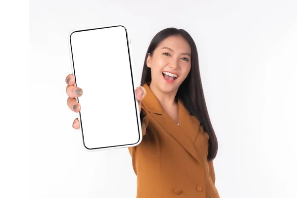 Beautiful Asian Young Woman Excited Surprised Girl Showing Smart Phone — Foto de Stock