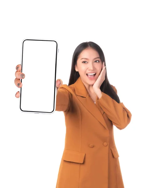 Beautiful Asian Young Woman Excited Surprised Girl Showing Smart Phone —  Fotos de Stock