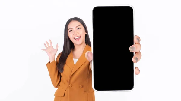 Beautiful Asian Young Woman Excited Surprised Girl Showing Smart Phone —  Fotos de Stock