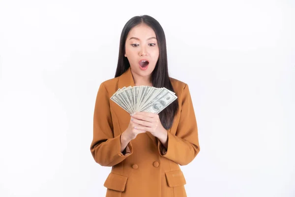 Successful Beautiful Asian Business Young Woman Holding Money Dollar Bills — ストック写真