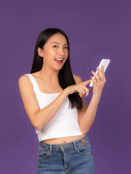 Beautiful Asian Brunette Woman Cute Girl White Tank Top Playing — Stock Photo, Image