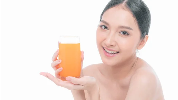 Hermosa Belleza Mujer Asiática Linda Chica Siente Feliz Bebiendo Jugo —  Fotos de Stock