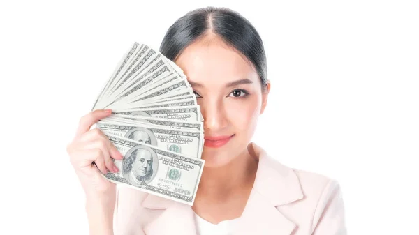 Pomyślny Piękny Azjatycki Biznes Młoda Kobieta Trzyma Pieniądze Dolary Amerykańskie — Zdjęcie stockowe
