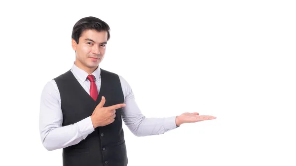 Portrait Working Asian Business Man Ware Suit Happiness Pointing Finger — Fotografia de Stock