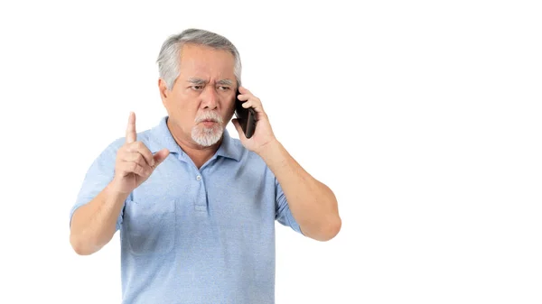 Asian Senior Man Old Man Standing Talking Phone Serious Expression — Stockfoto