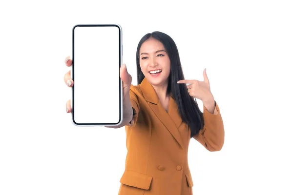 Beautiful Asian Young Woman Excited Surprised Girl Showing Smart Phone — Foto de Stock