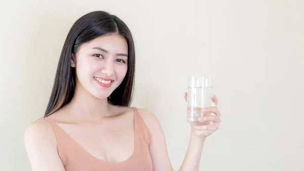 Mooie Schoonheid Vrouw Aziatische Schattig Meisje Zich Gelukkig Drinken Schoon — Stockfoto