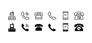 Telefon simgesi ayarlandı. Çağrı kodu. Telefon sembolü. Kartvizit. düz biçim