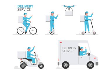 Çevrimiçi dağıtım servisi. Kamyon, drone, elektrikli scooter, jimnastik, scooter ve bisiklet kuryesi. Teslimat hizmeti kavramı