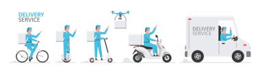 Çevrimiçi dağıtım servisi. Kamyon, drone, elektrikli scooter, jimnastik, scooter ve bisiklet kuryesi. Teslimat hizmeti kavramı