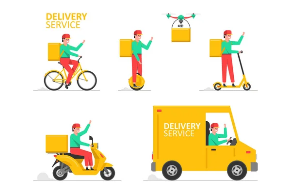 Service Livraison Ligne Camion Drone Scooter Électrique Gyroboard Scooter Messager — Image vectorielle