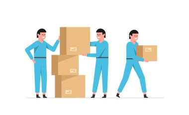 Teslimat servisi. İşçiler karton kutular taşırlar. Taşıma servisi. Düz biçim