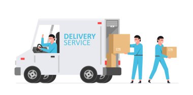 Teslimat servisi ve lojistik. İşçiler minibüsten kutuları boşaltıyor. Taşıma servisi. Düz biçim